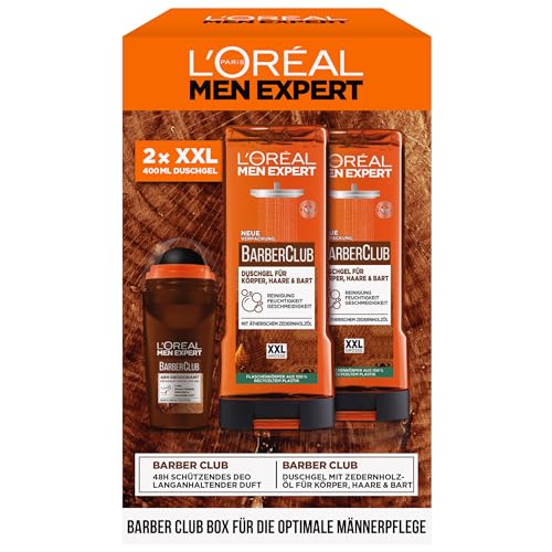 L'Oréal Men Expert Pflegeset für Männer, Geschenkset mit XXL Duschgel und Deoroller, Geschenk für Herren inklusive Bodywash und Deo Roll-On mit Zedernholzöl, Barber Club, 2 x 400 ml, 1 x 50 ml von L'Oréal Men Expert