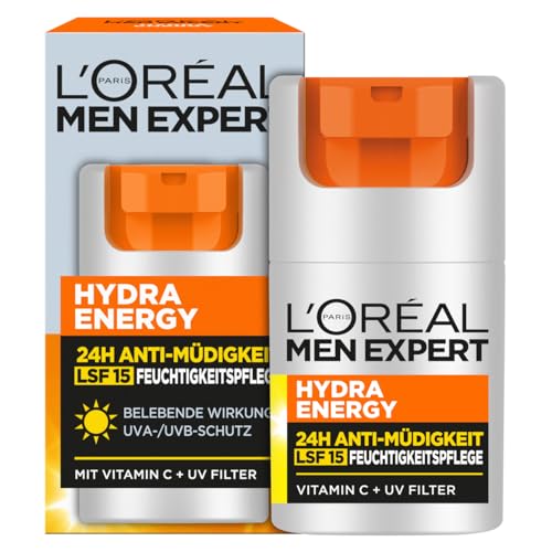 L'Oréal Men Expert Gesichtspflege mit LSF 15 für Männer, Belebende Feuchtigkeitscreme 24H Anti-Müdigkeit mit Sonnenschutz, Gesichtscreme für Herren mit Vitamin C und Proteinen, Hydra Energy, 1 x 50 ml von L'Oréal Men Expert