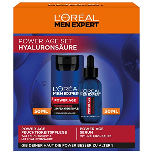L'Oréal Men Expert Pflegeset gegen Falten für Männer, Geschenkset mit Anti-Aging Gesichtscreme und Serum für müde und matte Haut, Geschenk für Herren mit Hyaluronsäure, Power Age, 1 x 50 ml, 1 x 30 ml von L'Oréal Men Expert