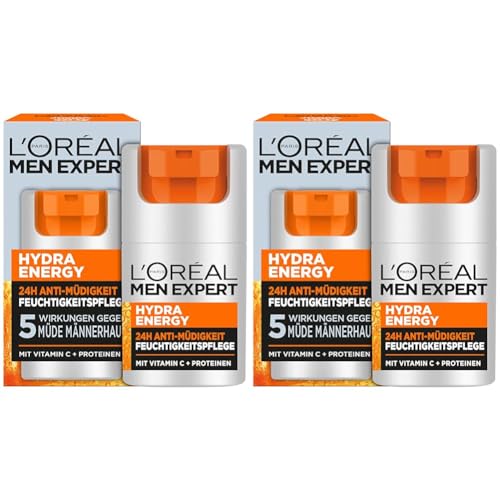 L'Oréal Men Expert Gesichtspflege gegen müde Haut für Männer, Belebende Feuchtigkeitscreme 24H Anti-Müdigkeit, Gesichtscreme für Herren mit Vitamin C und Proteinen, Hydra Energy, 1 x 50 ml von L'Oréal Men Expert