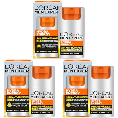 L'Oréal Men Expert Gesichtspflege mit LSF 15 für Männer, Belebende Feuchtigkeitscreme 24H Anti-Müdigkeit mit Sonnenschutz, Gesichtscreme für Herren mit Vitamin C und Proteinen, Hydra Energy, 1 x 50 ml von L'Oréal Men Expert