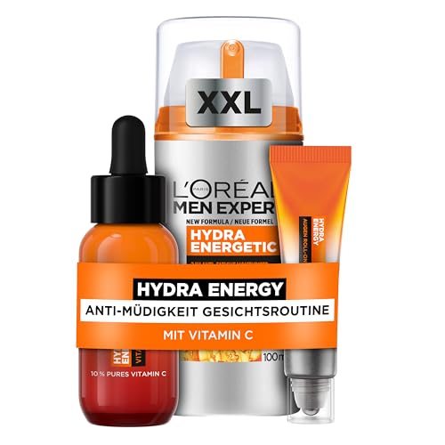 L'Oréal Men Expert Pflegeset gegen müde Haut für Männer, Mit XXL Gesichtscreme, Gesichtsserum und Augen Roll-On, Set für Herren mit Feuchtigkeitspflege Anti-Müdigkeit, Hydra Energy, 3-teilig von L'Oréal Men Expert