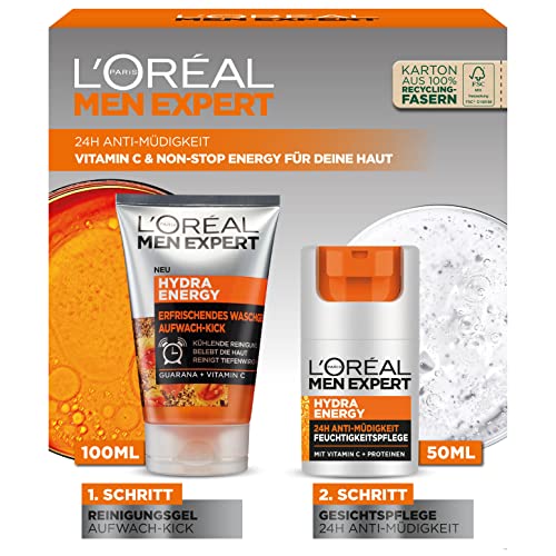 L'Oréal Men Expert Pflegeset gegen müde Haut für Männer, Geschenkset mit Waschgel und Gesichtscreme 24H Anti-Müdigkeit, Geschenk für Herren mit Vitamin C, Hydra Energy, 1 x 100 ml, 1 x 50 ml von L'Oréal Men Expert