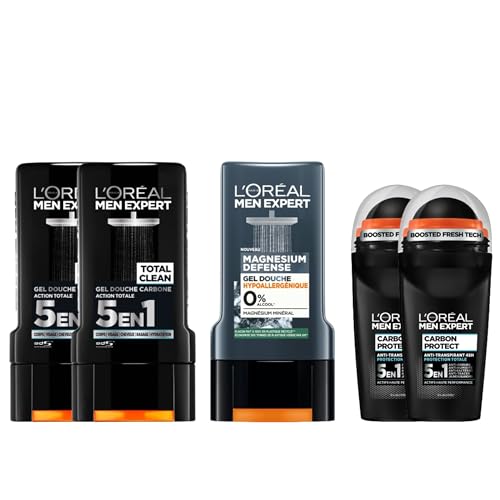 L'Oréal Men Expert Routine Duschgel & Deodorant für Herren, 2 x Duschgel, 1 x Duschgel Magnesium Defense, 2 x Carbon Protect Deodorant von L’Oréal Paris