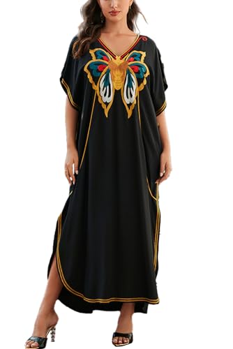L-Peach Kaftan für Damen, bestickt, Maxi-Strandkleid, Loungewear, Hauskleidung, übergroße Bademäntel, B Schwarzer Schmetterling, One size L-Peach Kaftan für Damen, bestickt, Maxi-Strandkleid, Loungewear, Hauskleidung, übergroße Bademäntel, B Schwarzer Schmetterling, One size von L-Peach