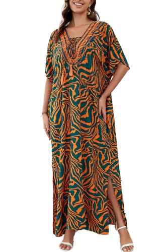 L-Peach Langes Kaftan-Nachthemd für Damen, geräumige Hauskleidung, übergroßer Maxi-Kimono, Überzug, Bademäntel, A3, Grün / Orange, One size L-Peach Langes Kaftan-Nachthemd für Damen, geräumige Hauskleidung, übergroßer Maxi-Kimono, Überzug, Bademäntel, A3, Grün / Orange, One size von L-Peach