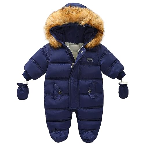 L SERVER Baby Strampler Neugeborene Jungen Fleece Dicke Winteroverall Mädchen Winddichter Warmer Schneeanzug mit Fellkragenkapuze, Marineblau, 68-74 von L SERVER