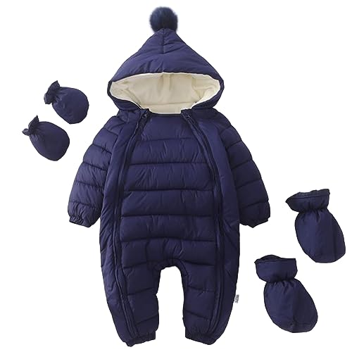 L SERVER Baby Strampler Neugeborene Jungen mit Kapuze Fleece Skianzug Mädchen Warme Winteroverall Winddichte Schneeoverall mit Handschuhen + Fußschützern, Marineblau, 56-62 von L SERVER