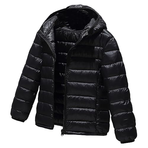 L SERVER Daunenjacke Kinder Jungen mit Kapuze Winddichter Warmer Parka Mädchen Stylische Leichte Winterjacke Sportliche Steppjacke Wintermantel, Schwarz, 122-128 von L SERVER