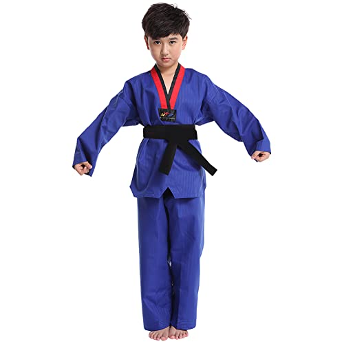 L SERVER Judoanzug Kinder mit Gürtel Mädchen Bequemer Professioneller Karateanzug Jungen V-Ausschnitt Taekwondo Anzug, Blau, 130 von L SERVER