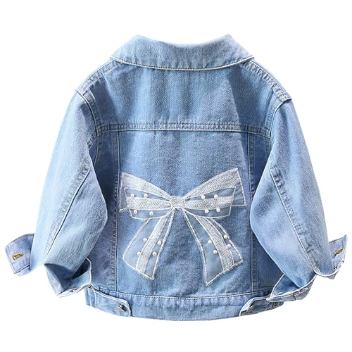 L SERVER Kinder Jeansjacke Mädchen Bestickte Übergangsjacke Modische Windjacke Lässige Outdoor-Jacke für Frühling und Herbst, Denimblau B, 134-140 von L SERVER