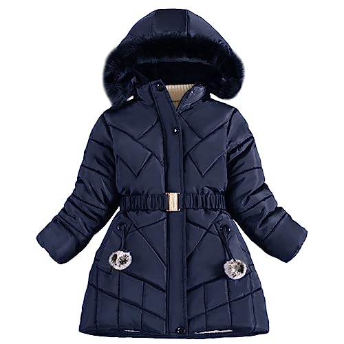 L SERVER Kinder Winterjacke Mädchen Fleece und Dicker Steppjacke Winddichte Warme Wintermantel mit Fellkapuze, Marineblau, 122-128 von L SERVER