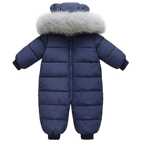 L SERVER Schneeanzug Baby Jungen Warmer Winteroverall Mädchen Fleece Dicke Skianzug Winddichter Schneeoverall mit Fellkragenkapuze, Marineblau, 86 von L SERVER