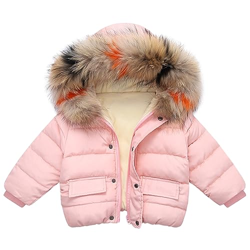 L SERVER Steppjacke Mädchen mit Fellkragen Kapuze Dicker Warmer Winterjacke Kinder Winddichte Parka Stylischer Outdoor Wintermantel, Rosa, 92-98 von L SERVER