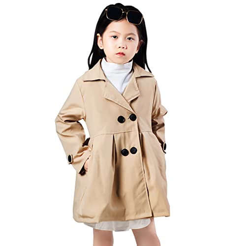 L SERVER Windjacke Mädchen Stilvoller Zweireiher Übergangsjacke Kinder Revers Trenchcoat Winddichter Mantel für Frühjahr und Herbst, Khaki, 150 von L SERVER