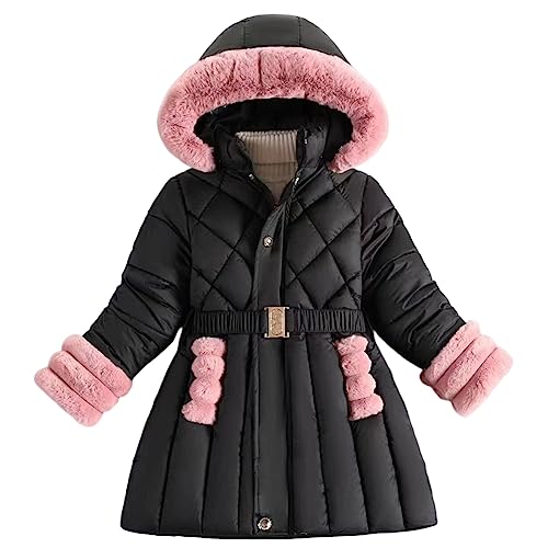 L SERVER Winterjacke Kinder Mädchen mit Fellkragen Kapuze Fleece Warmer Steppjacke Verdickte Winddichte Parka Stylischer Wintermantel, Schwarz, 116 von L SERVER