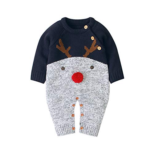 Baby Jungen Mädchen Unisex Stricken Weihnachten Outfits Baby Kleidung Weihnachtsset Babykleidung Gestrickt Strampler Hut Set Warm Bodysuit Jumpsuit Baby Weihnachten Geschenk (Blau Hirsch, 6-12 Monate) von L&ieserram