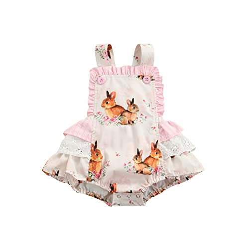 L&ieserram Baby Mädchen Ostern Outfits Baby Kleidung Niedlich Hasen Stil Babykleidung Strampler Body mit Hasen Druck Stirnband Set Bodysuit Mein erster Ostern Baby Geschenk (Pink Kanten, 6-12 Monate) von L&ieserram