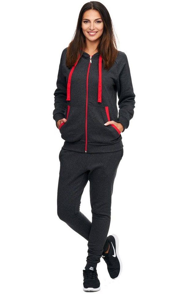 L.gonline Freizeitanzug Damen Jogginganzug, Trainingsanzug, Tracksuit, Uni Colour, Sportan (Kapuzenjacke mit Reißverschluss, Hose, 2-tlg), Fitness Freizeit Casual von L.gonline