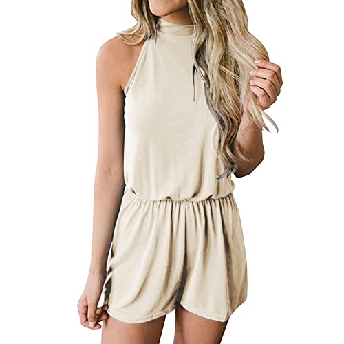 Jumpsuit Damen Sommer Kurz Romper Neckholder Ärmellos Overall mit Elastische Taille für Frauen Elegant Einfarbig Playsuit Strand Spielanzug Leicht Casual Kurz Hose von L9WEI