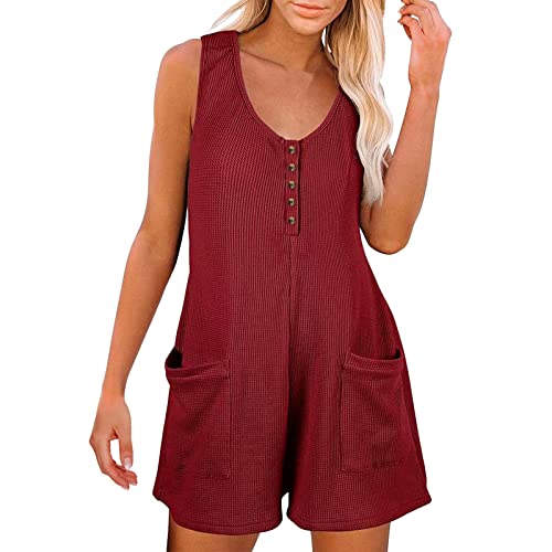 Jumpsuit Damen Sommer Kurz Romper Neckholder Ärmellos Overall mit Elastische Taille für Frauen Elegant Einfarbig Playsuit Strand Spielanzug Leicht Casual Kurz Hose von L9WEI