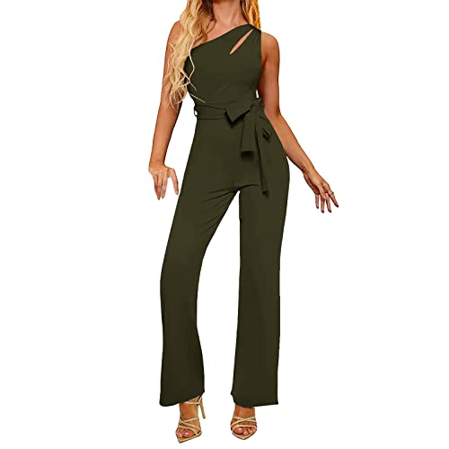 Sommerhose Damen Leicht, One Shoulder Jumpsuits Damen Sommer Elegant Weite Bein Einfarbiger Overall mit Gürtel Frauen Ärmellos Casual Einteiler Locker Lange Strampler von L9WEI