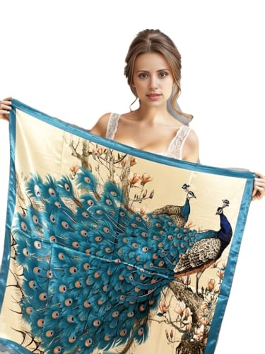 Designer Damen Seidentuch Pfau klassisch Halstuch Türkis Beige Seide Chiffon Schal Tuch Umschlagtuch Sommer 90x90cm Bandana Seidenschal Geschenk Stola Tochter Mutter (Model 8) von LA FERANI