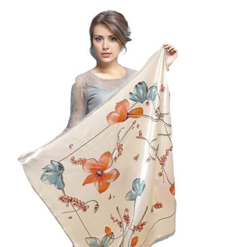 LA FERANI Designer Damen Seidentuch Beige bunt klassisch Halstuch Seide Chiffon Schal formelle Anlässe Tuch Umschlagtuch leicht 90x90cm Bandana Seidenschal Geschenk Stola Tochter Mutter (Model 17) von LA FERANI