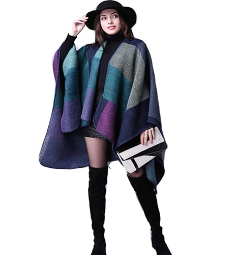 LA FERANI Designer Poncho Damen Lila Schwarz Cape Überwurf Wolle Mantel 150x130 Wollponcho Vintage Style von LA FERANI