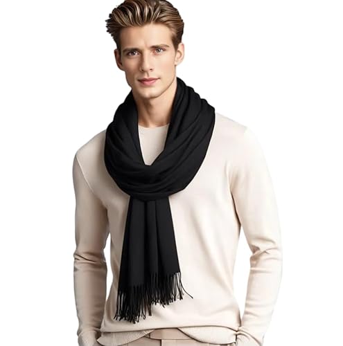 LA FERANI Herren Kaschmir Schal Frühling Winter 185x65 Kaschmirschal Schwarz Pashmina Halstuch Wollschal Wolle Uni Farbe Herrenschal S2 (Schwarz) von LA FERANI