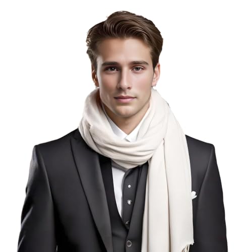 LA FERANI Herrenschal Kaschmir stilvoll Frühling 185x65 elegant für formelle Anlässe Kaschmirschal Pashmina Halstuch Wollschal Wolle Uni Farbe (Weiß) von LA FERANI