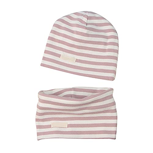 LACOFIA Baby Jungen Mädchen Beanie Mütze und Loop Schal Set Kinder Weiche 100% Baumwolle Strickmützen Kleinkind Hut und Kragen Schals Rosa Streifen 0-6 Monate von LACOFIA