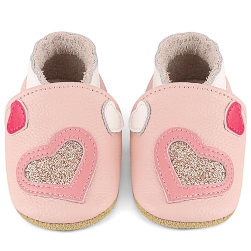 LACOFIA Baby Mädchen Hausschuhe Leder Krabbelschuhe rutschfeste Weiche Sohle Baby Lederschuhe Lauflernschuhe Rosa 12-18 Monate von LACOFIA