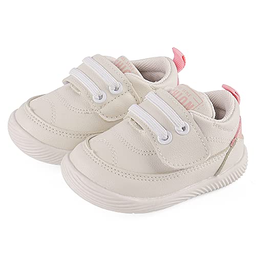 LACOFIA Baby Mädchen Lauflernschuhe rutschfeste Gummisohle Erste Sneaker Krabbelschuhe Weiß/Rosa 19(Herstellergröße:17) von LACOFIA