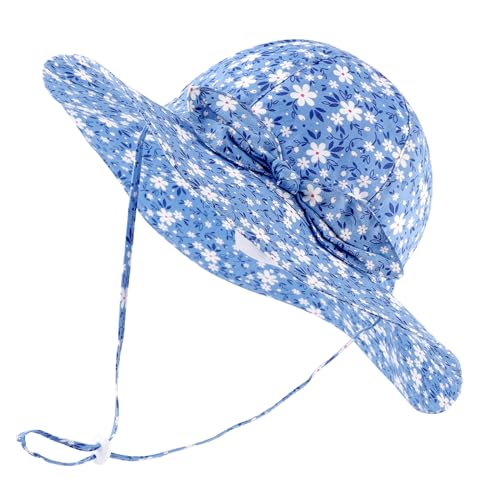 LACOFIA Baby Mädchen Sonnenhut UPF 50+ UV Schutz Kleinkind Sommer Baumwolle Mütze Strandhut Visierkappe mit Verstellbarem Kinnriemen Blau Weiße Blumen 2-5 Jahre von LACOFIA