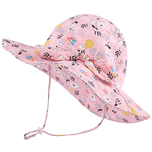 LACOFIA Baby Mädchen Sonnenhut UPF 50+ UV Schutz Kleinkind Sommer Baumwolle Mütze Strandhut Visierkappe mit Verstellbarem Kinnriemen Rosa Blumen 2-5 Jahre von LACOFIA