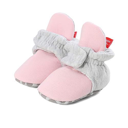 LACOFIA Baby Mädchen Winter Krabbelschuhe Baby rutschfest Weiche Sohle Slipper Stiefel Rosa Hellgrau 0-6 Monate von LACOFIA