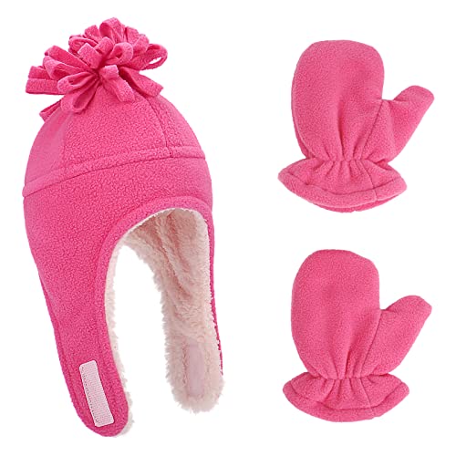 LACOFIA Baby Mädchen Winter Warmes Vlies Mütze Sherpa Gefütterte Kappen Kleinkind Ohrenklappe Pilotenhut und Fäustling Set Rosso Rosa 1-3 Jahre von LACOFIA