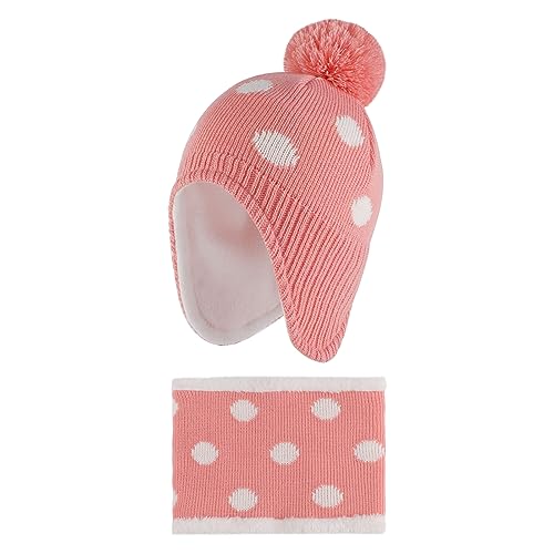 LACOFIA Baby Mädchen Wintermütze und Loop Schal Set Kleinkind Winter Warme Earflap Beanie Hut Kinder Fleece Futter Strickmützen und Schlauchschal Set Rosa 1-2 Jahre M von LACOFIA