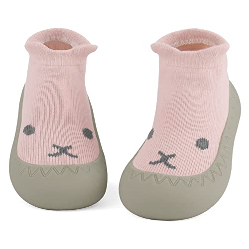LACOFIA Baby Sockenschuhe Kleinkind Mädchen Stricken Hausschuhe Socken mit rutschfest Gummisohle Baby Lauflernschuhe Rosa Kaninchen 6-12 Monate von LACOFIA