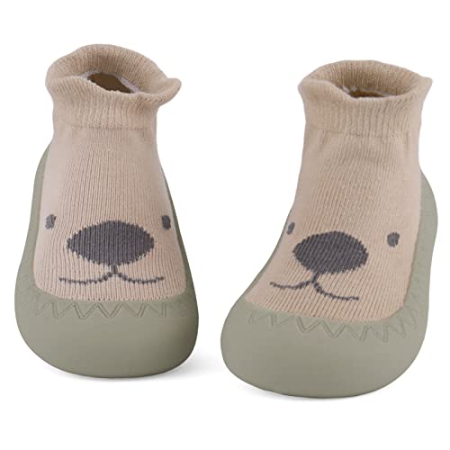 LACOFIA Baby Sockenschuhe Unisex Kleinkind Jungen Mädchen Stricken Hausschuhe Socken mit rutschfest Gummisohle Baby Lauflernschuhe Khaki Löwe 12-18 Monate von LACOFIA