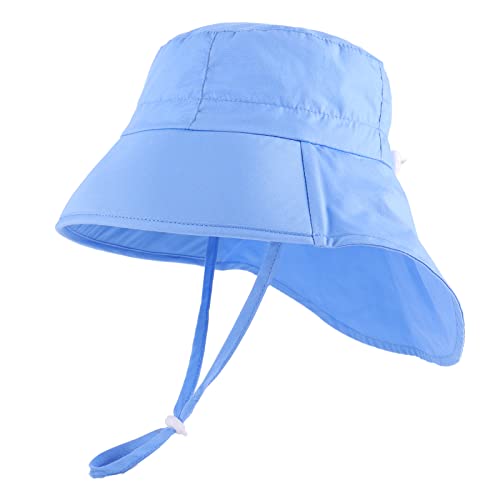 LACOFIA Baby Sonnenhut Jungen Baumwolle Kleinkind UV Sommer Mütze Verstellbarem Kinder Breiter Krempe Strand Cap Fischerhut mit Bindebändern und Nackenschutz Blau 6-18 Monate von LACOFIA