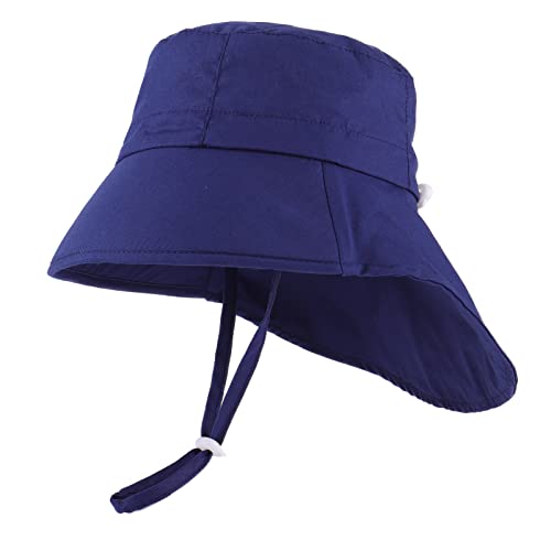 LACOFIA Baby Sonnenhut Jungen Baumwolle Kleinkind UV Sommer Mütze Verstellbarem Kinder Breiter Krempe Strand Cap Fischerhut mit Bindebändern und Nackenschutz Marineblau 2-5 Jahre von LACOFIA