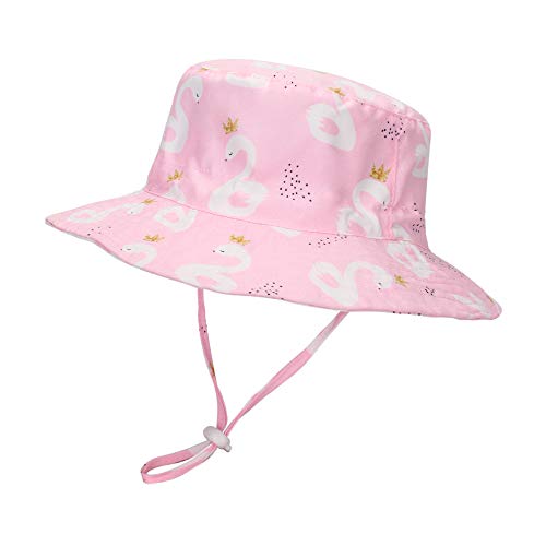 LACOFIA Baby Sonnenhut Kleinkind Mädchen Sommer Mütze Kinder Sonnenschutz Breiter Krempe Strand Cap mit Verstellbarem Kinnriemen Rosa Schwan 6-12 Monate von LACOFIA