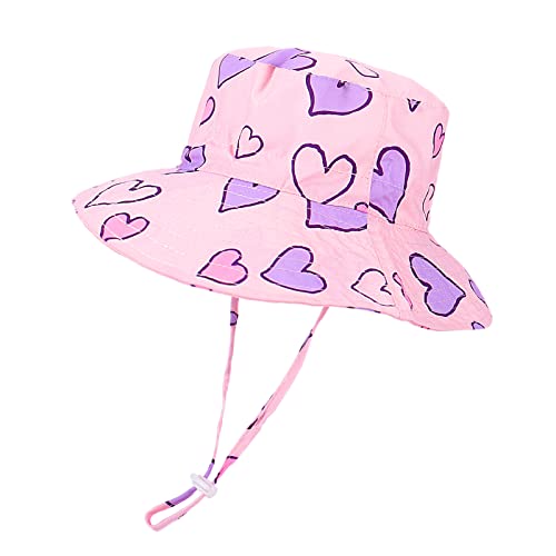 LACOFIA Baby Sonnenhut Kleinkind Mädchen Sommer Mütze UV Bademütze Verstellbarem Kinder Breiter Krempe Strand Cap mit Nackenschutz Rosa Herz 1-2 Jahre von LACOFIA