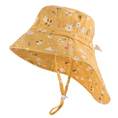 LACOFIA Baby Sonnenhut Mädchen Baumwolle Kleinkind UV Sommer Mütze Verstellbarem Kinder Breiter Krempe Strand Cap Fischerhut mit Bindebändern und Nackenschutz Gelb 2-5 Jahre von LACOFIA