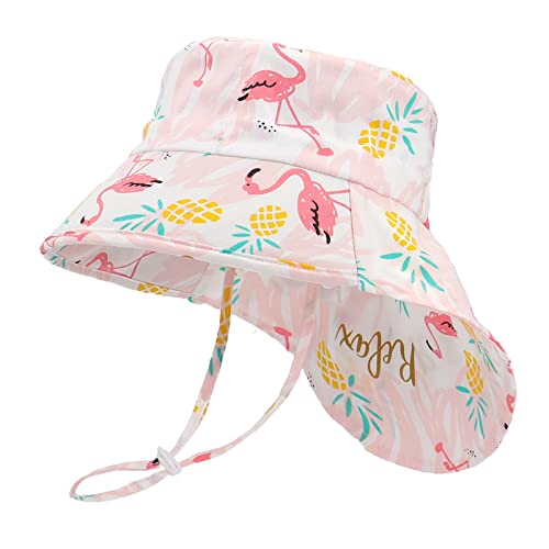 LACOFIA Baby Sonnenhut Mädchen Baumwolle Kleinkind UV Sommer Mütze Verstellbarem Kinder Breiter Krempe Strand Cap Fischerhut mit Bindebändern und Nackenschutz Rosa 6-18 Monate von LACOFIA