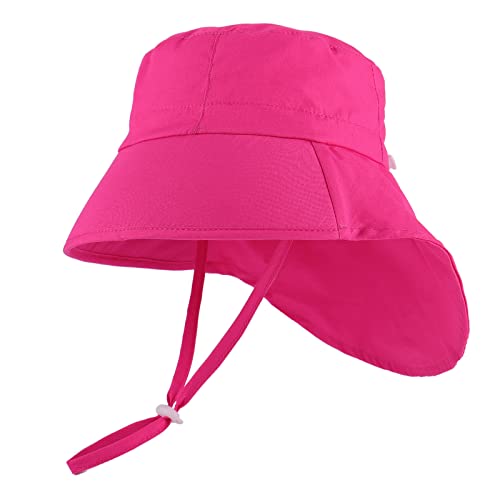 LACOFIA Baby Sonnenhut Mädchen Baumwolle Kleinkind UV Sommer Mütze Verstellbarem Kinder Breiter Krempe Strand Cap Fischerhut mit Bindebändern und Nackenschutz Rosa Rot 6-18 Monate von LACOFIA