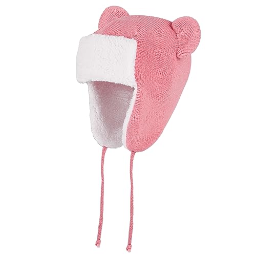 LACOFIA Baby Wintermütze Kleinkind Mädchen Earflap Beanie Kinder Warme Fleece Gefüttert Bär Hut Strickmützen Trappermütze mit 2 Öhrchen Rosa 6-12 Monate S von LACOFIA