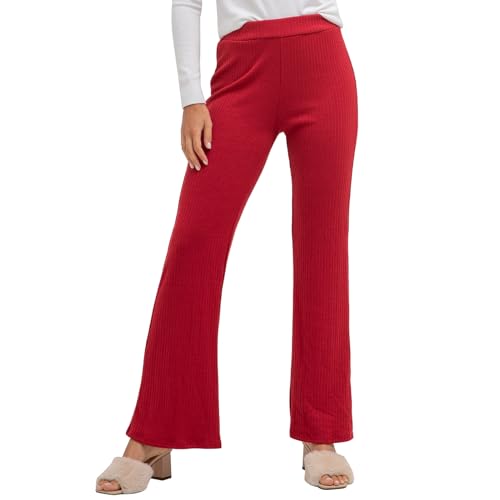 LACOFIA Damen Hosen Rippenstrick Schlaghosen mit Elastische Taille Stretch Einfarbig Freizeithose für Damen, Einheitsgröße (2799) Rot von LACOFIA